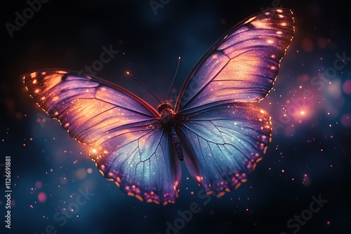 A vibrant butterfly with glowing wings flying in the dark