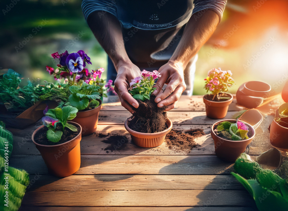 Close-up of hands carefully planting a small flowering plant in a terracotta pot, surrounded by other potted flowers and gardening tools on a wooden table outdoors in sunlight. Close-up of hands carefully planting a small flowering plant in a terracotta pot, surrounded by other potted flowers and gardening tools on a wooden table outdoors in sunlight.