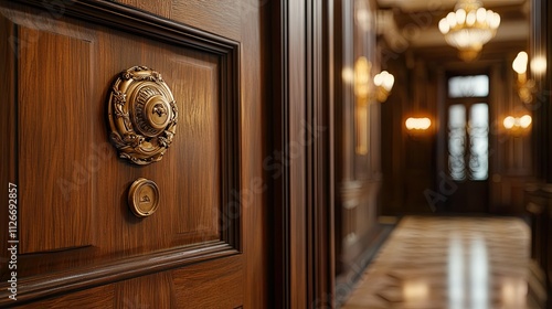 Ornate brass door knocker and peephole on a rich dark wood door in a luxurious hallway.