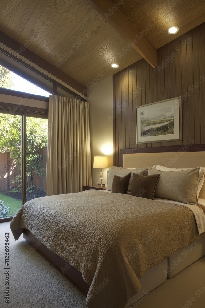 Cozy Cabin Bedroom with Wooden Paneled Walls and Large Window Cozy Cabin Bedroom with Wooden Paneled Walls and Large Window