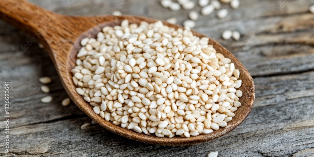 Close up of dry white sesame seeds displayed in a brown wooden spoon atop a gray wooden table made from aged boards, showcasing the texture and color of dry white sesame seeds. Close up of dry white sesame seeds displayed in a brown wooden spoon atop a gray wooden table made from aged boards, showcasing the texture and color of dry white sesame seeds.