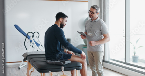 Schilderij op canvas Physiotherapy, tablet and knee pain with man and athlete in clinic for rehabilitation, healthcare or consulting
