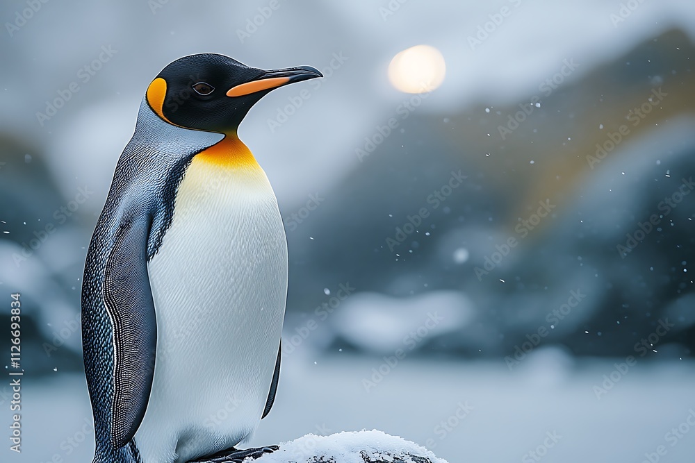 Fototapeta premium A majestic king penguin stands proudly amidst a snowy landscape