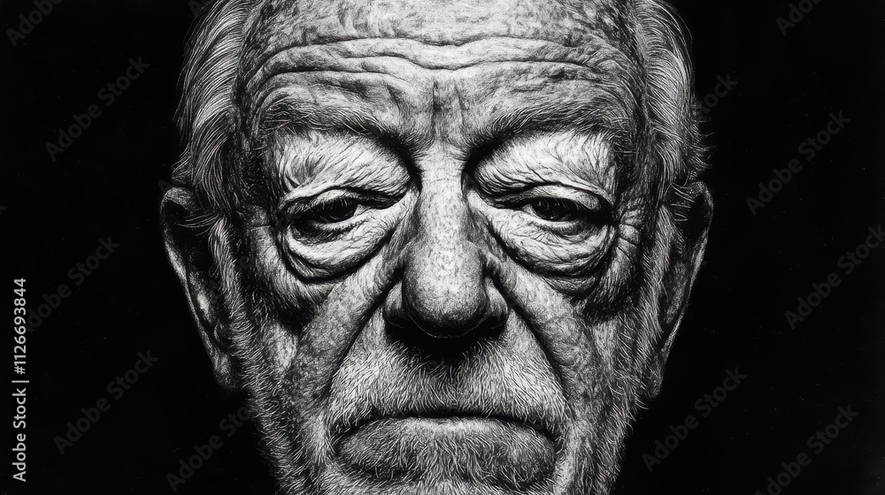 A close-up portrait of an elderly man with deep wrinkles and a solemn expression. A close-up portrait of an elderly man with deep wrinkles and a solemn expression.