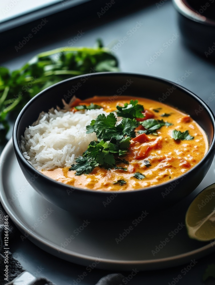 A bowl of creamy lentil soup served with rice and garnished with fresh cilantro and lime. A bowl of creamy lentil soup served with rice and garnished with fresh cilantro and lime.