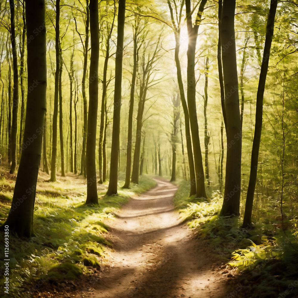Fototapeta premium Bäume - Schöner Waldweg am Morgen