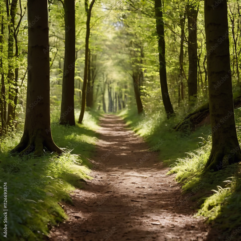 Naklejka premium Bäume - Sommerlicher und kühlender Waldweg