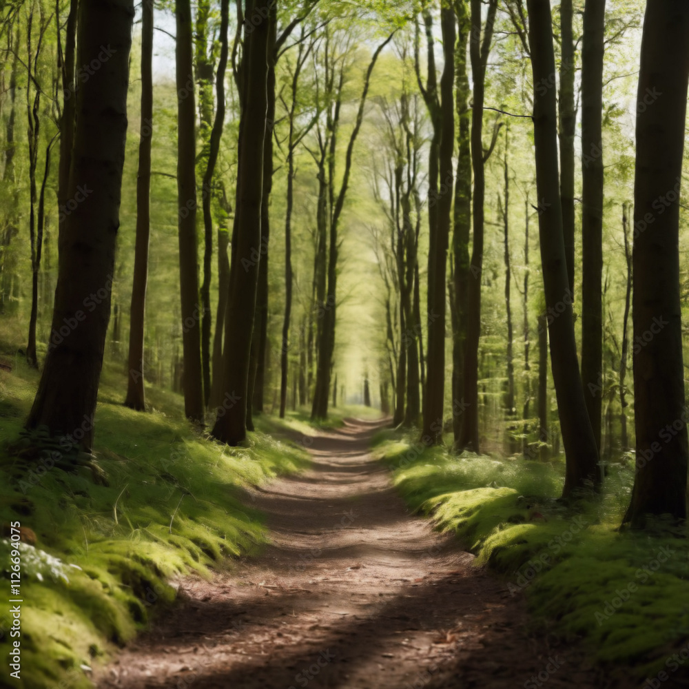 Obraz premium Bäume - Schattiger Pfad durch einen alten Wald