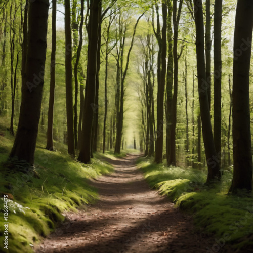 Bäume - Schattiger Pfad durch einen alten Wald photo