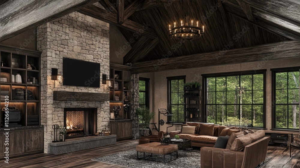 Luxurious Rustic Living Room with Stone Fireplace and Forest Views Luxurious Rustic Living Room with Stone Fireplace and Forest Views