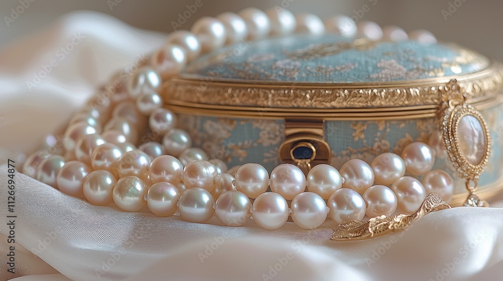 string classic pearls rests gold necklace and matching earrings clean white background. vintage jewelry box complements luxurious arrangement highlighting elegance. string classic pearls rests gold necklace and matching earrings clean white background. vintage jewelry box complements luxurious arrangement highlighting elegance.