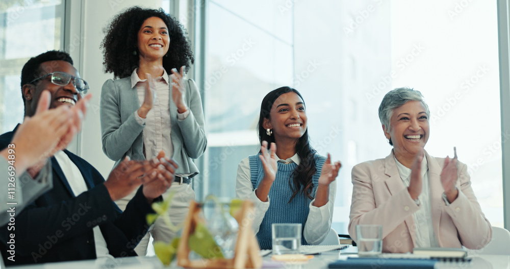 © peopleimages.com - Business people, happy group and applause at meeting for celebration, support and cheers in office. Training conference, audience and clapping hands at workshop, seminar and success at presentation © peopleimages.com - Business people, happy group and applause at meeting for celebration, support and cheers in office. Training conference, audience and clapping hands at workshop, seminar and success at presentation