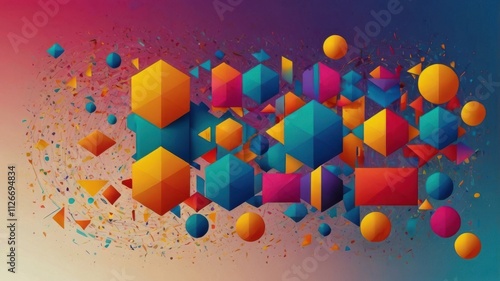 Vibrant, colorful abstract geometric shapes, including circles, triangles, and squares, arranged in a dynamic composition with a gradient background, designed for versatile use in creative projects.