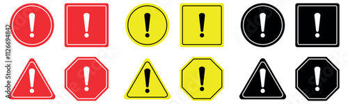 Hazard symbol in Red, yellow and black color with white exclamatory symbol. Caution symbols in various shapes. Vector illustration isolated on clear