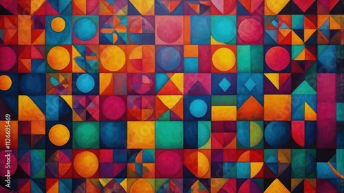 Vibrant, colorful abstract geometric shapes, including circles, triangles, and squares, arranged in a dynamic composition with a gradient background, designed for versatile use in creative projects.