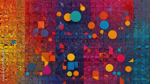 Vibrant, colorful abstract geometric shapes, including circles, triangles, and squares, arranged in a dynamic composition with a gradient background, designed for versatile use in creative projects.