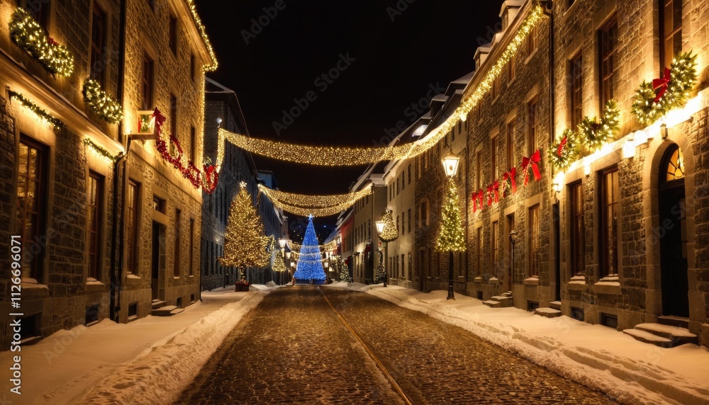 Obraz premium Christmas night in the city. Deserted street in City decorated for Christmas