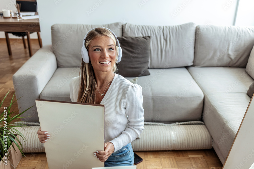 Shot of young woman unpacking her belongings. Happy woman unpacking in her new house, she is taking her belongings. Shot of young woman unpacking her belongings. Happy woman unpacking in her new house, she is taking her belongings.