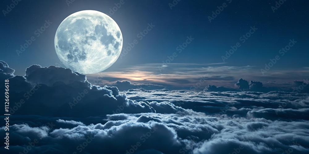 A large moon is shining brightly in the sky above a cloudy night A large moon is shining brightly in the sky above a cloudy night