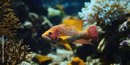 Hogfish swimming gracefully in a vibrant coral environment, showcasing the beauty and diversity of hogfish within the reef ecosystem. Experience the unique characteristics of hogfish here. photo