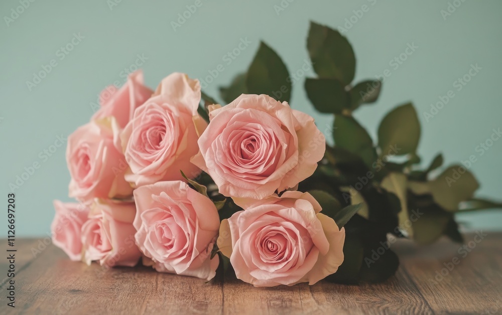 A bouquet of soft pink roses arranged on a wooden table, with pastel hues and a vintage style, creating a romantic and delicate background perfect for a Valentine's Day card design A bouquet of soft pink roses arranged on a wooden table, with pastel hues and a vintage style, creating a romantic and delicate background perfect for a Valentine's Day card design