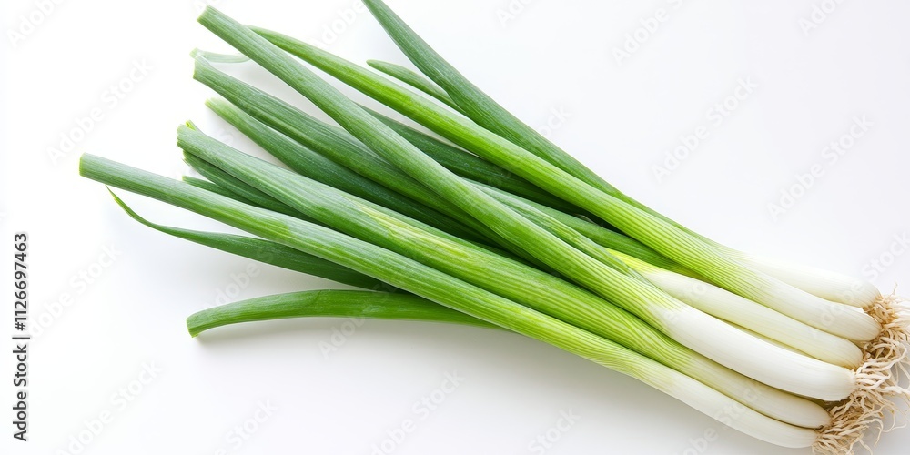 Green onion displayed in isolation on a white background. A top view flat lay showcasing the vibrant green onion, highlighting its fresh appearance and unique texture for culinary use. Green onion displayed in isolation on a white background. A top view flat lay showcasing the vibrant green onion, highlighting its fresh appearance and unique texture for culinary use.