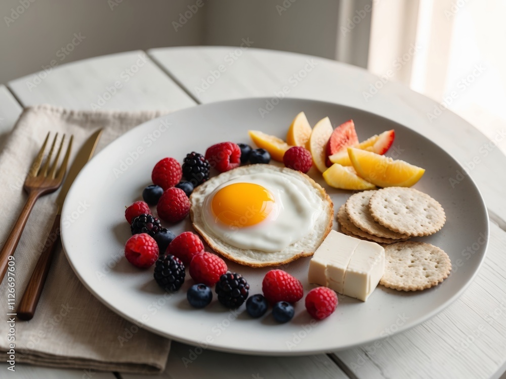 Delicious Breakfast Plate Fried Egg Berries Cheese Crackers Fruit.