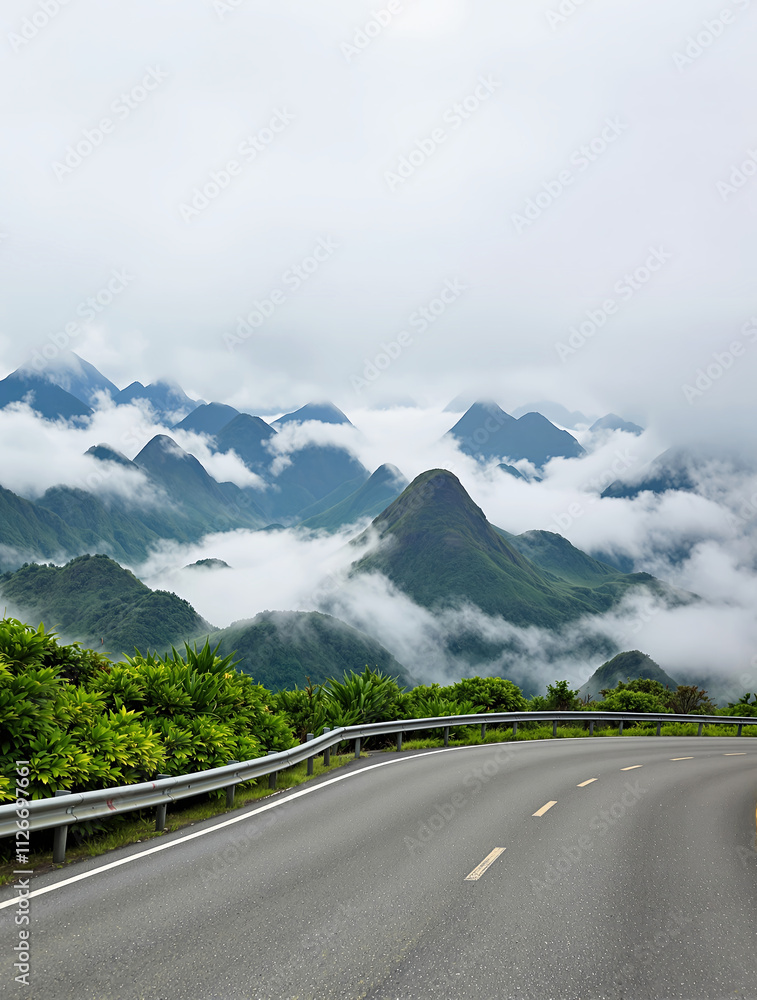 Fototapeta premium Tranquil Roadway Through Enchanted Mountain Vista
