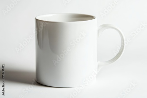 Minimalistic white ceramic mug with smooth handle isolated on white background, ideal for beverage and lifestyle themes photo