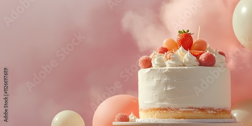 Celebration cake adorned with fresh fruits on display against a soft pink background