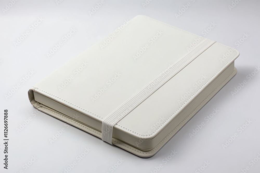 Minimalistic white planner notebook with elastic band isolated on white background, ideal for office and stationery themes Minimalistic white planner notebook with elastic band isolated on white background, ideal for office and stationery themes