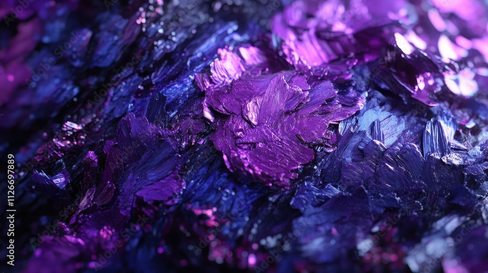 A close-up view of vibrant, iridescent mineral textures in shades of purple and blue. A close-up view of vibrant, iridescent mineral textures in shades of purple and blue.