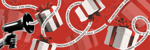 Christmas Sale Banner. Trendy collage design with gift boxes and loudspeaker. Merry Christmas and happy new year.