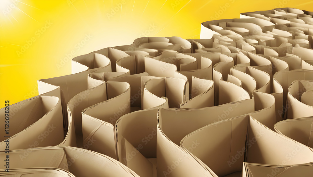 Obraz premium Abstract folded paper effect. Colorful bright yellow background. The labyrinth is made of paper. 3d rendering 