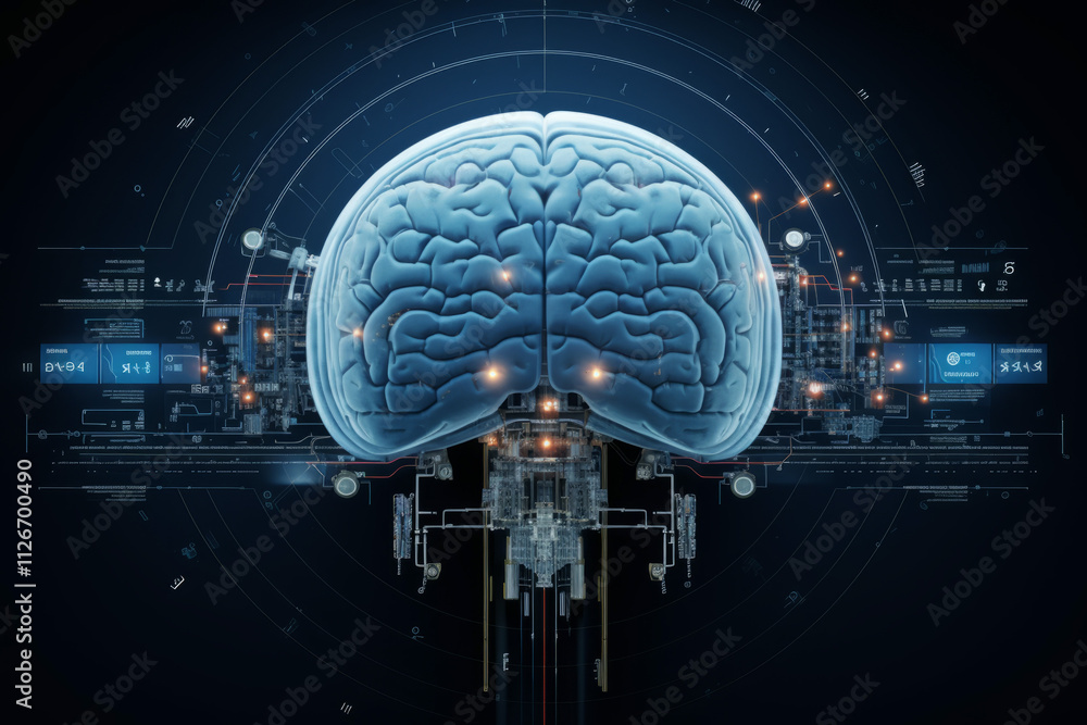 Fototapeta premium Human brain connected to a chip. Digital brain concept with Network Connections, Generative AI.