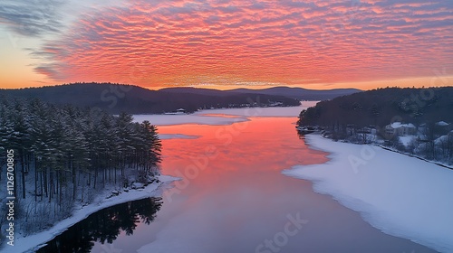 Golden Sunrise over Frozen Lake with Warm Hues photo