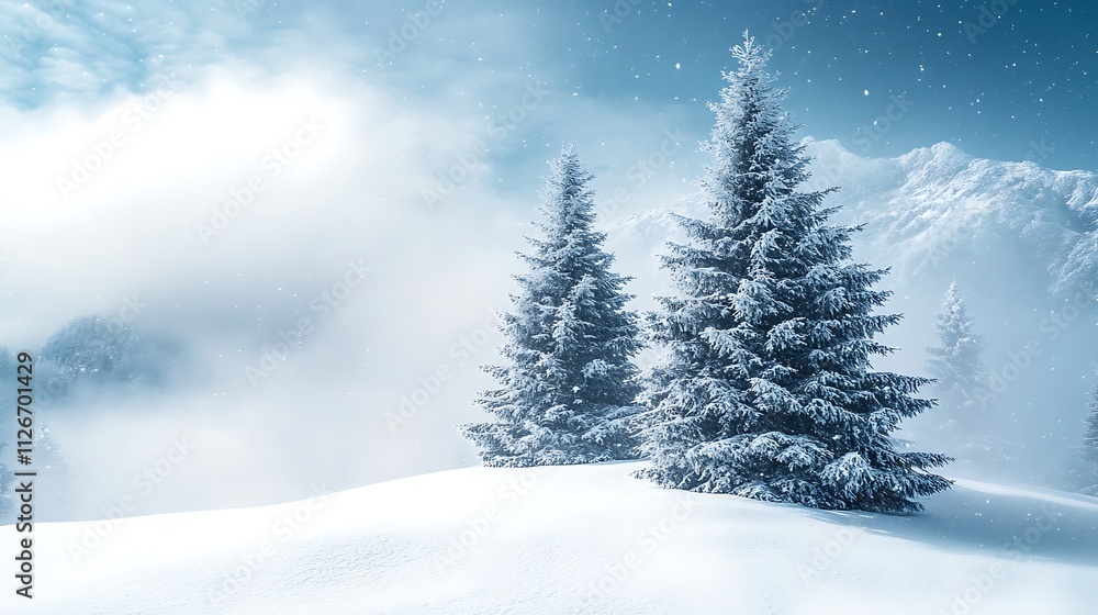 Snow covered pines stand tall on a winter mountain Snow covered pines stand tall on a winter mountain
