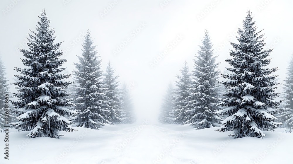 Obraz premium Snow Covered Pine Trees Line A Snowy Path