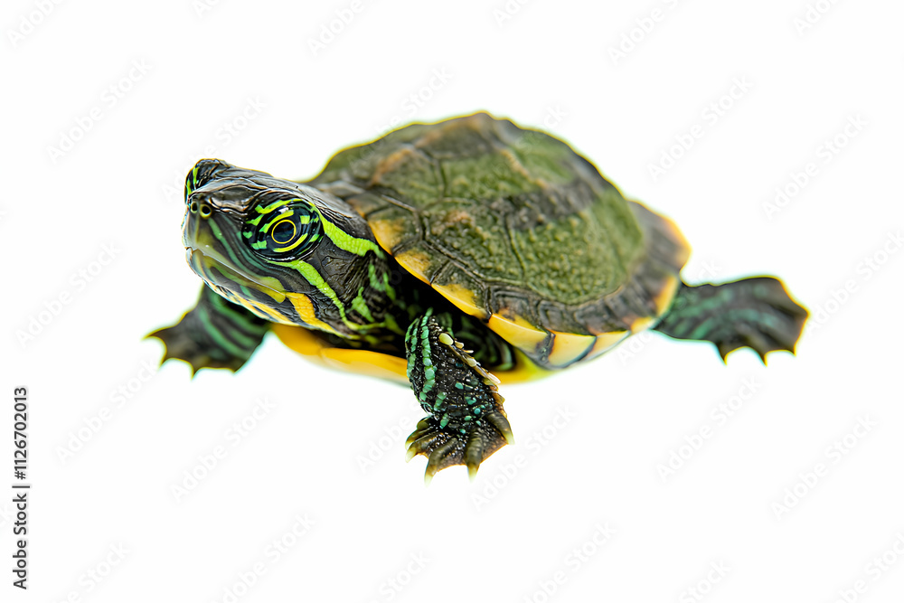 Obraz premium Adorable baby turtle isolated on white background, vibrant green and yellow shell, captivating eyes. Perfect for educational, nature, or pet-related projects.