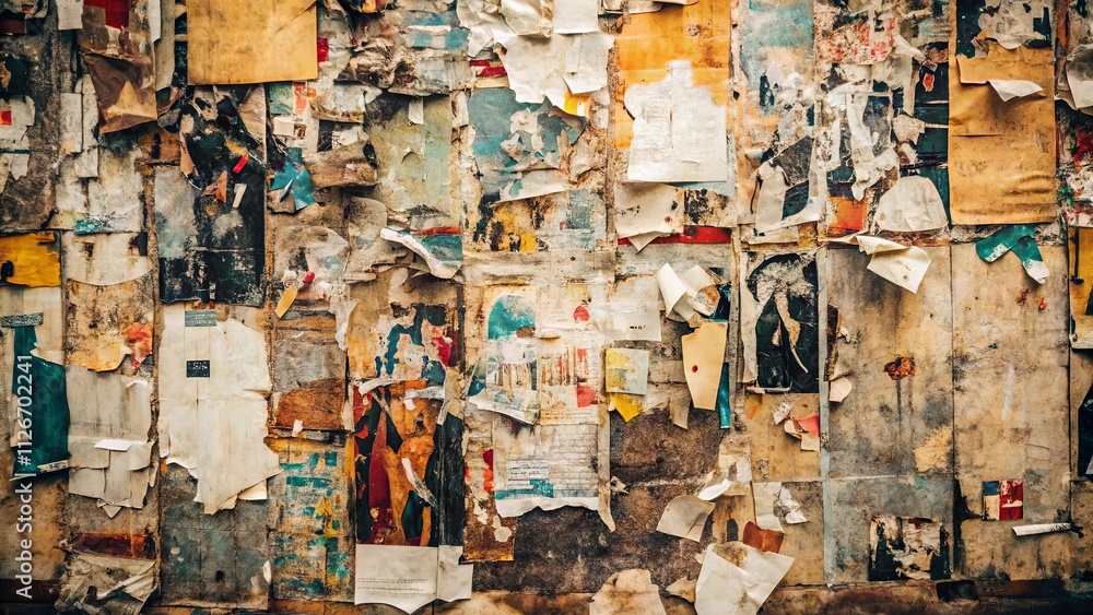 Fototapeta premium A textured collage of layered, weathered paper scraps and faded posters on a wall