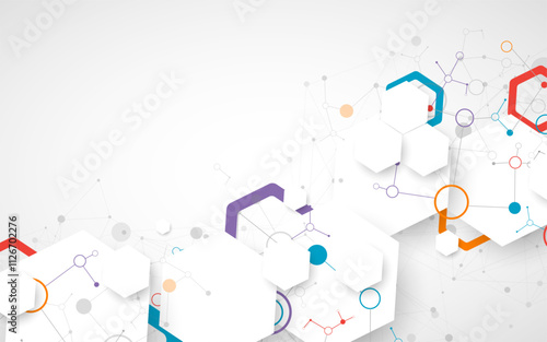 Scientific fbstract background. White hexagons with a plexus effect and circles connected by lines. Hand drawn vector. photo