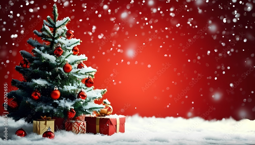 Obraz premium Decorated Christmas tree with falling snow, red background, gifts underneath. Perfect for holiday greeting cards, festive backgrounds, winter designs