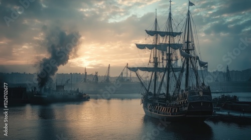 Wallpaper Mural Majestic Galleon at Sunset Harbor: A Breathtaking View of a Historic Ship Docked in a Misty Port City at Dusk Torontodigital.ca