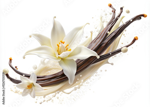 Dried vanilla sticks with vanilla flowers on Milk splash isolated on white background