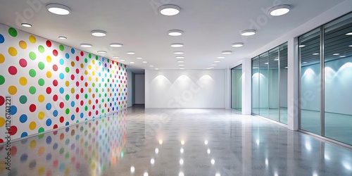 Modern office hallway with colorful polka dot wall and glass partitions