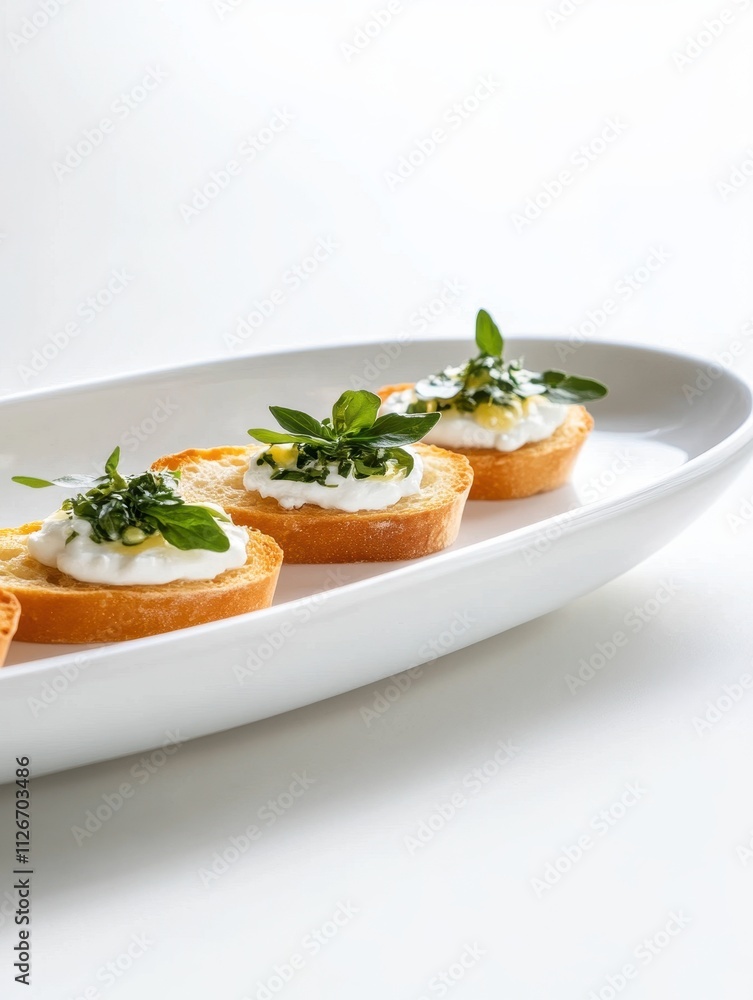 A platter of crostini topped with cream and herbs, elegantly arranged for serving. A platter of crostini topped with cream and herbs, elegantly arranged for serving.