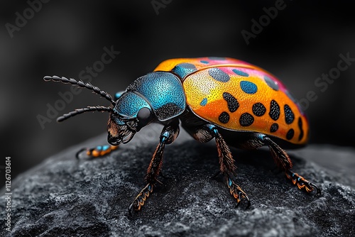 A vibrant, colorful beetle with iridescent blue and orange markings rests on a dark rock.