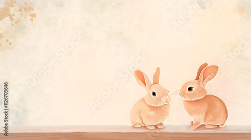 pastel scene, two rabbits, minimal wooden texture photo