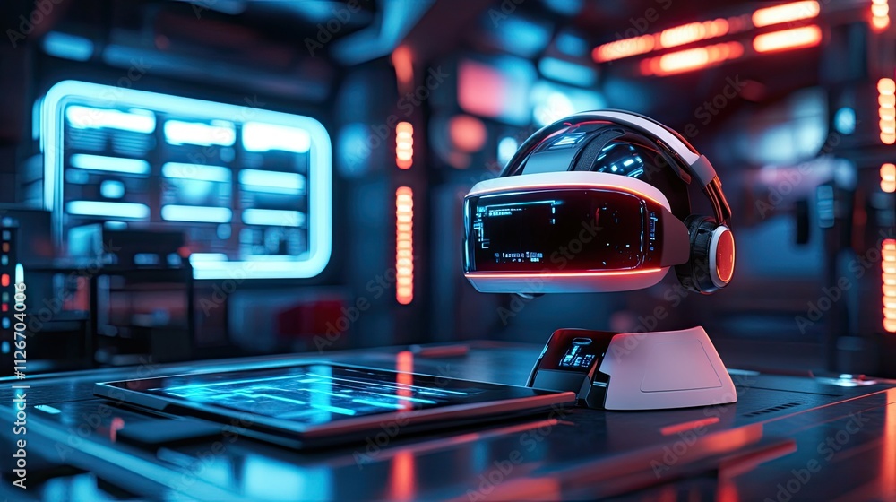 Futuristic VR headset on stand with tablet in tech lab. Futuristic VR headset on stand with tablet in tech lab.