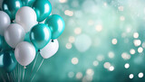 Party, tło na urodziny lub uroczystość, impreza, radosna atmosfera, świętowanie, konfetti i białe i turkusowe balony
